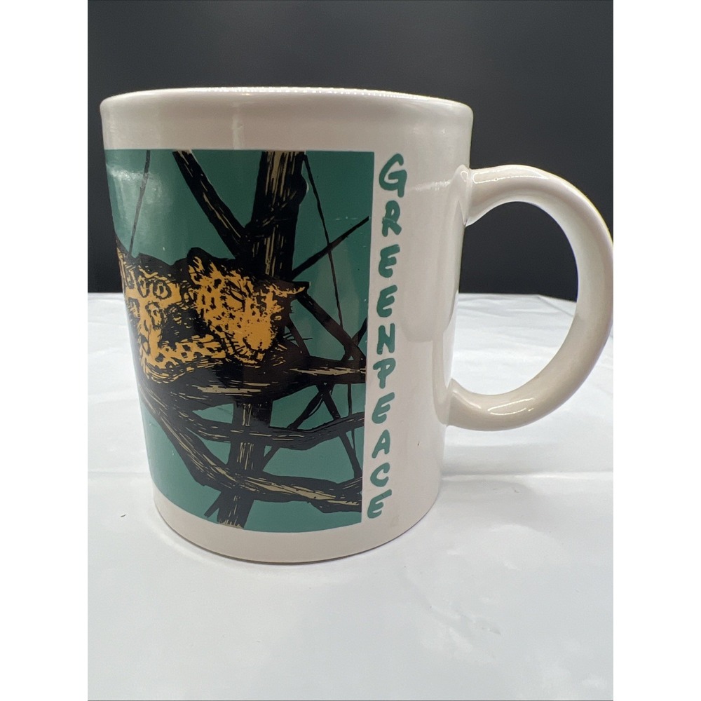 Vintage 1996 Greenpeace Leopard Mug Coffee Cup Big Cat Teal Woodcut Art Rare